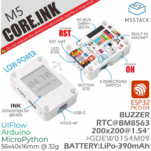 'CORE.INK' M5 Gerät, Vorder- und Rückansicht: E-Ink-Display, ESP32 Pico-D4, 200x200 Auflösung, Batterie: LiPo-390mAh, UIFlow, Arduino, MicroPython.